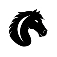 A stylized silhouette of horse head is depicted in black against transparency background, showcasing its mane and facial features in minimalist design png
