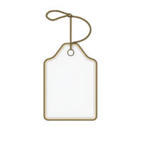 A blank white price tag with gold border and string for attachment, perfect for labeling or gifting. simple design allows for customization and personalization png