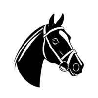 A stylized black and white illustration of horse head, featuring bridle and expressive eyes, captures elegance and strength of animal. simple lines and shading create classic and timeless look png