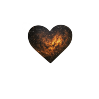 A heart shaped image features vibrant, fiery nebula set against starry night sky, symbolizing cosmic love and wonder. glowing orange and red hues create striking contrast with transparency png