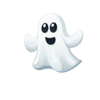 A cute cartoon ghost with happy expression floats against transparent background, featuring simple white sheet like appearance and big, friendly eyes png