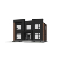 A modern two story house with minimalist design features dark facade and large windows, complemented by brick accents. structure sits on simple concrete base png