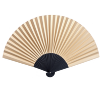 A beautifully crafted hand fan with wooden frame and pleated paper design, showcasing elegance and simplicity. fan is open, displaying its full semicircular shape png