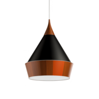 A modern pendant light with sleek, conical design features combination of black and wood textures, accented by vibrant orange stripe. minimalist style adds elegance to any interior space png