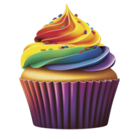 A vibrant cupcake with rainbow frosting and colorful sprinkles sits in purple wrapper, showcasing delightful and festive appearance png