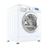 A modern white front loading washing machine with digital display and stainless steel drum, designed for efficient and convenient laundry care png