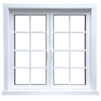 A white double pane window with grid design is shown, featuring two handles for opening. window is set in simple frame, offering clean and modern look png