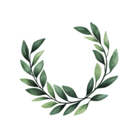 A watercolor illustration of laurel wreath with lush green leaves arranged in circular pattern, symbolizing victory and achievement. design is elegant and timeless png