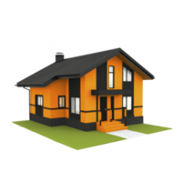 A modern, vibrant orange and black house with sloped roof and multiple windows stands on small grassy plot, showcasing contemporary architectural design png