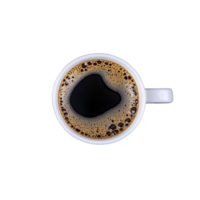 A steaming cup of black coffee in white mug viewed from above, showcasing rich, dark liquid with frothy bubbles on surface, creating cozy and inviting atmosphere png