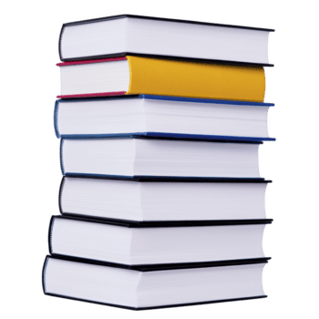A tall stack of colorful hardcover books is neatly arranged, showcasing variety of vibrant spines. books are stacked vertically, creating organized and visually appealing display png