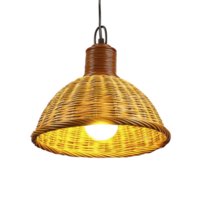 A woven rattan pendant light with warm glow hangs from black cord, showcasing rustic and cozy design perfect for adding ambiance to any room png