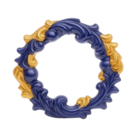 An ornate circular frame with intricate blue and gold detailing, featuring swirling patterns and baroque style, creating elegant and decorative appearance png