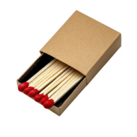 A small cardboard box containing wooden matches with red tips is partially open, revealing matches inside. simple design and natural materials give it classic and functional appearance png