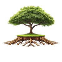 A vibrant tree with lush green leaves and extensive roots is depicted, symbolizing growth and stability. roots are exposed, showcasing tree foundation and connection to earth png