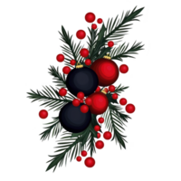 A festive arrangement of pine branches adorned with red and black baubles and berries, creating vibrant holiday decoration. combination of colors and natural elements evokes cheerful and elegant png