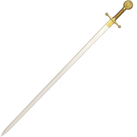 A long, elegant sword with golden hilt and intricate design, featuring straight, sharp blade. sword exudes sense of historical significance and craftsmanship png