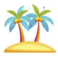 A vibrant illustration of two palm trees with coconuts on small sandy island, evoking tropical paradise. bright colors and playful design create cheerful and relaxing atmosphere png