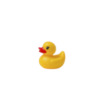 A bright yellow rubber duck with cheerful expression is shown against plain background. duck features classic design with red beak and is often used as bath toy png