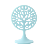 A decorative blue tree shaped ornament with intricate cut out patterns stands elegantly, showcasing artistic craftsmanship. Its unique design adds touch of elegance to any space png