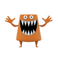 A playful orange cartoon monster with sharp teeth and wide eyes stands with arms raised, expressing excitement. Its simple geometric shape and vibrant color add to its whimsical charm png