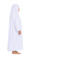 An elderly woman stands in profile, wearing white hijab and robe, symbolizing peace and spirituality. Her serene expression and traditional attire reflect cultural and religious significance png