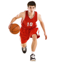 A basketball player in red uniform dribbles ball with focus and determination. athlete dynamic movement and intense expression highlight competitive nature of sport png