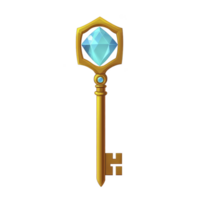 A golden key with blue gemstone in handle, symbolizing mystery and adventure. intricate design and vibrant colors evoke sense of fantasy and magic png