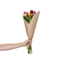 A hand holds vibrant bouquet of tulips wrapped in brown paper, showcasing mix of colorful flowers. arrangement is simple yet elegant, perfect for gifting or decoration png