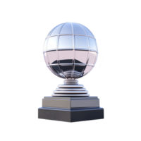 A shiny silver globe trophy with grid pattern sits atop tiered base, symbolizing achievement and success. reflective surface adds modern and elegant touch png