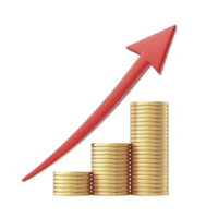 A stack of gold coins is arranged in ascending order, symbolizing financial growth, with red arrow curving upward to indicate increasing profits or success png