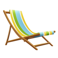 A colorful striped deck chair with wooden frame, perfect for relaxing outdoors. vibrant fabric features blue, green, yellow, and white stripes, adding cheerful touch to any setting png
