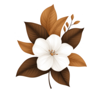A white flower with detailed petals is surrounded by brown and orange leaves, creating harmonious and elegant design. contrast between flower and leaves adds depth and warmth png