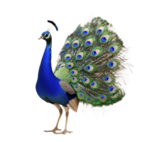 A vibrant peacock stands proudly displaying its magnificent tail feathers, showcasing stunning array of blue, green, and gold hues. intricate eye patterns on feathers add to its majestic appearance png