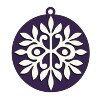 A decorative ornament with symmetrical floral pattern in white on purple circular background, featuring small loop for hanging. design is intricate and elegant png