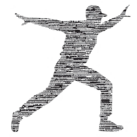 A silhouette of person in dynamic pose is filled with text, creating artistic and expressive design. figure appears to be leaping or dancing, conveying sense of movement and energy png