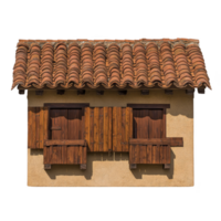 A rustic building facade with clay tile roof and wooden shutters evokes traditional, charming atmosphere. warm tones of stucco walls complement natural wood and terracotta png