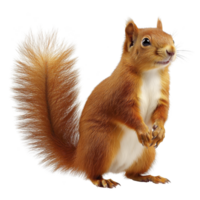 A cute red squirrel stands upright with its bushy tail fluffed out behind it, showcasing its vibrant fur and alert expression. squirrel small paws are held close to its chest png