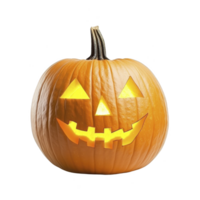 A carved pumpkin with glowing face, featuring triangular eyes and jagged smile, symbolizes Halloween festivities. orange pumpkin is illuminated from within, creating spooky yet playful atmosphere png