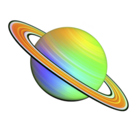 A vibrant, multicolored planet with rings, resembling Saturn, set against transparency background. planet displays spectrum of colors, creating striking and imaginative visual png