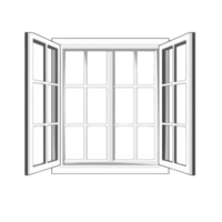 An open white window with multiple panes is shown, inviting sense of openness and fresh air. window clean lines and symmetrical design create feeling of simplicity and elegance png