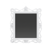 A decorative white ornate mirror with intricate frame design, featuring elegant swirls and classic rectangular shape, set against plain transparency background png