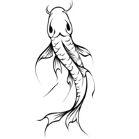 A detailed black and white illustration of koi fish showcases its elegant, flowing fins and intricate scales. minimalist design captures grace and beauty of this symbolic aquatic creature png