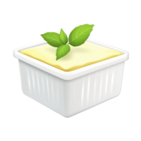 A small white container filled with creamy butter is topped with fresh green basil leaves, creating simple and fresh presentation png