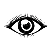 A stylized black and white illustration of eye with detailed eyelashes and bold outline, conveying sense of mystery and focus. design is simple yet striking, emphasizing eye central role perception png