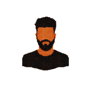 ein diese Eigenschaften pixelig Illustration von Mann mit Bart und kurz Haar, erstellt mit klein Orange Quadrate auf Transparenz Hintergrund. Design ist abstrakt und Digital im Stil png