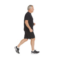 An Elderly man walking in profile view, wearing black athletic clothing and sneakers, isolated on transparency background. He appears focused and determined, suggesting active lifestyle png