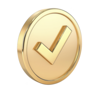 A shiny gold checkmark symbol is depicted in circular frame, representing approval or success. metallic finish adds luxurious and elegant touch, making it suitable for various design purposes png