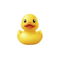 A cheerful yellow rubber duck with bright orange beak, often used as bath toy, is depicted against plain background. Its simple design and vibrant color make it classic and playful item png
