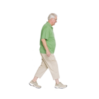An elderly man in green shirt and beige pants is walking, showcasing side profile. He appears to be in motion, wearing comfortable shoes, and displaying calm demeanor png